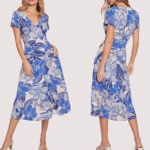 Lost + Wander Levka Blue Floral Wrap Midi Dress Short Sleeve Blue Large